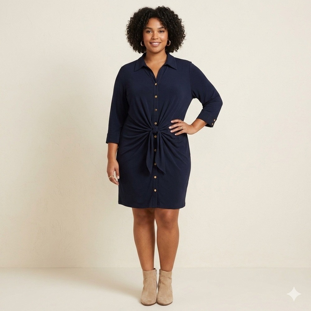 Philosophy Navy Blue Tie Front Shirt Dress Gold Buttons Plus Size 18W‎